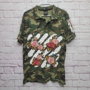 KRISP‎ NYC Camo Polo Shirt Size L Embroidered Roses Streetwear Hip Hop Grunge